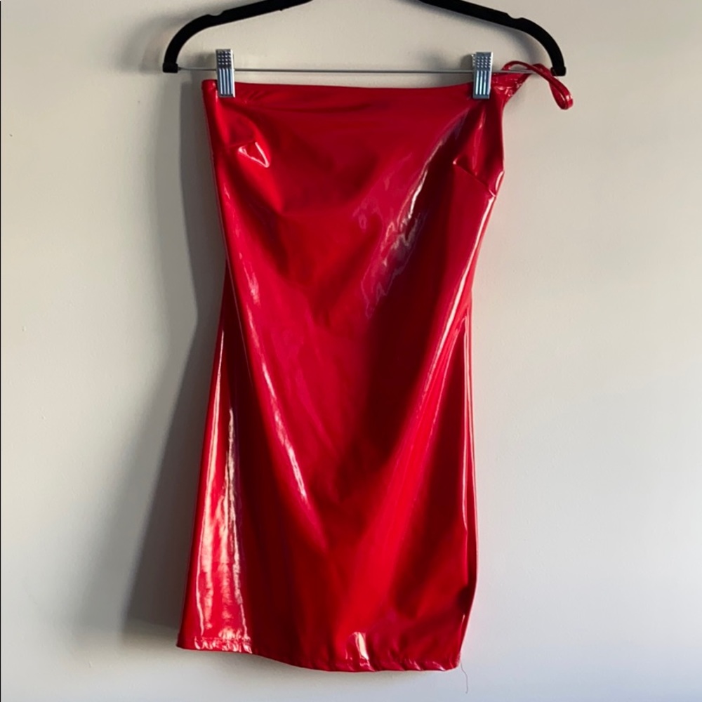 One Strap Red Latex Dress Fashion Nova